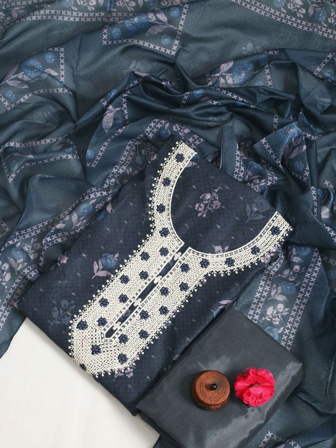 

STAVA CREATION Floral Embroidered Unstitched Dress Material, Blue
