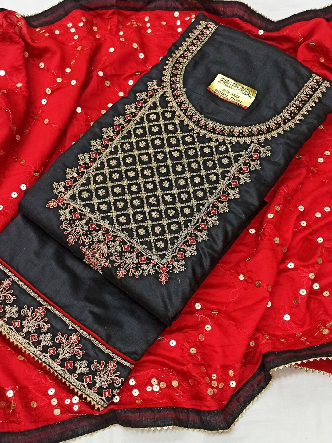

STAVA CREATION Floral Embroidered Unstitched Dress Material, Black