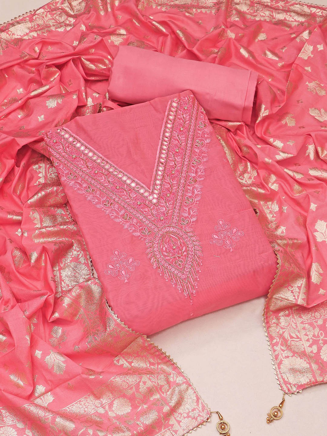 

STAVA CREATION Embroidered Unstitched Dress Material, Pink