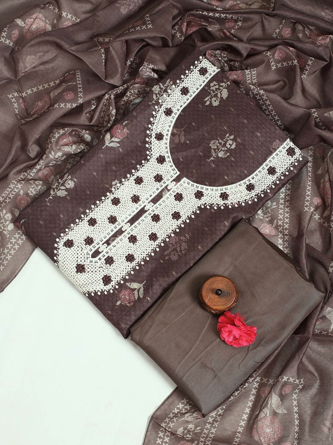 

STAVA CREATION Ethnic Motifs Printed Unstitched Dress Material, Brown