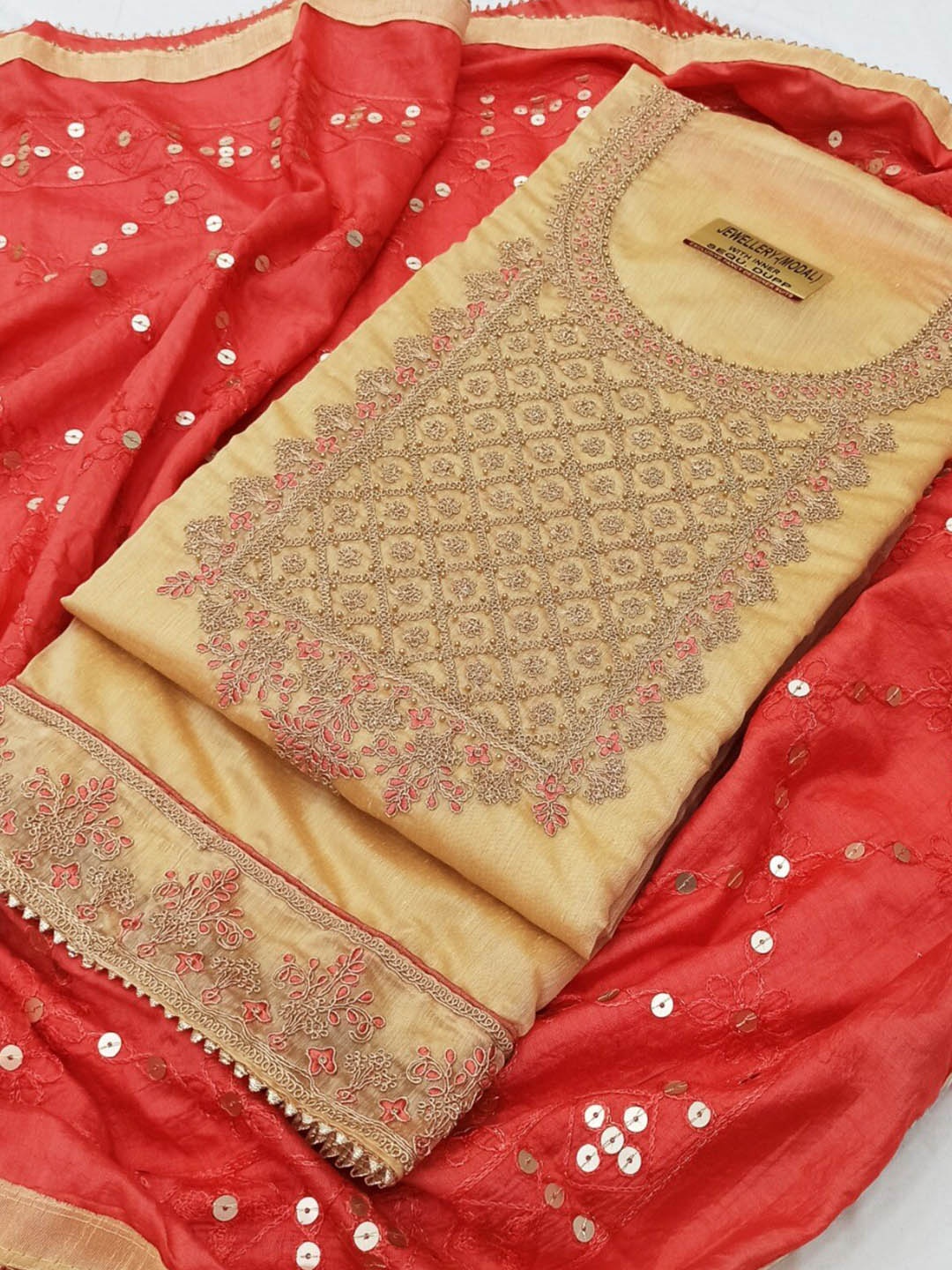 

STAVA CREATION Ethnic Motifs Embroidered Beads & Stones Unstitched Dress Material, Yellow