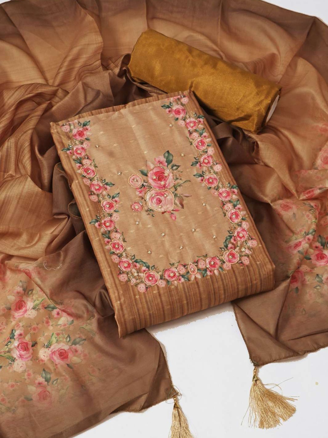 

STAVA CREATION Ethnic Motifs Woven Design Unstitched Dress Material, Brown
