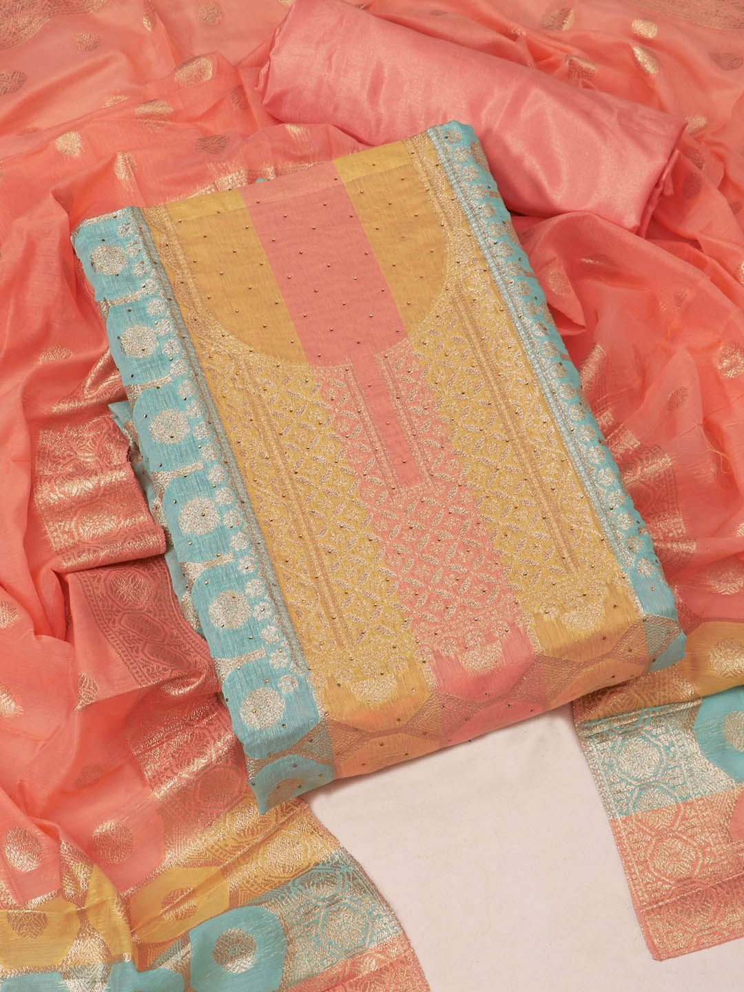 

STAVA CREATION Ethnic Motifs Woven Design Unstitched Dress Material, Peach