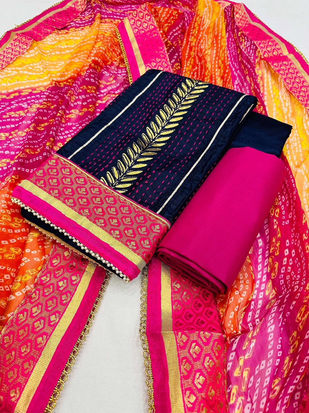 

STAVA CREATION Ethnic Motifs Embroidered Gotta Patti Unstitched Dress Material, Navy blue