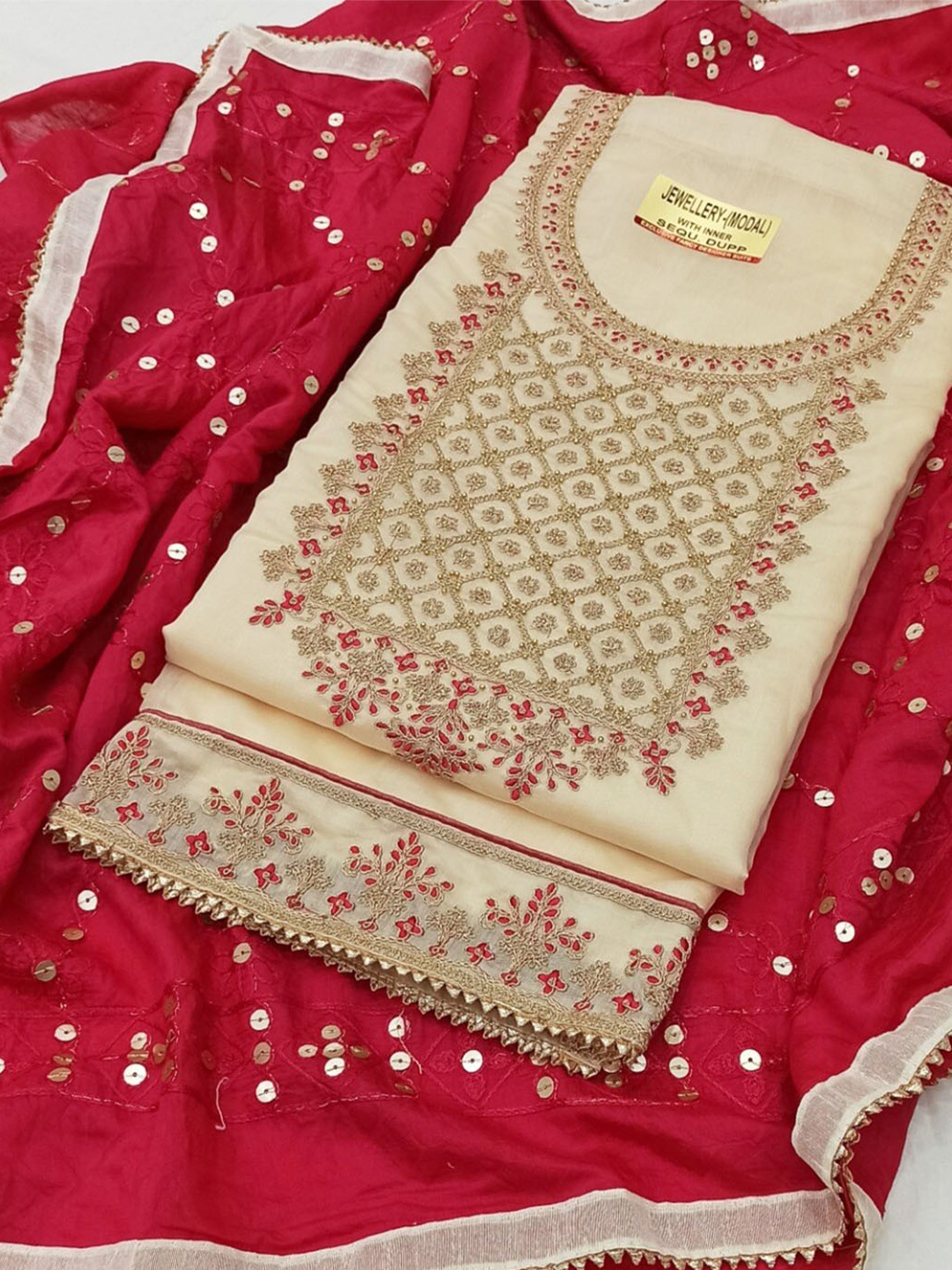 

STAVA CREATION Floral Embroidered Unstitched Dress Material, Off white