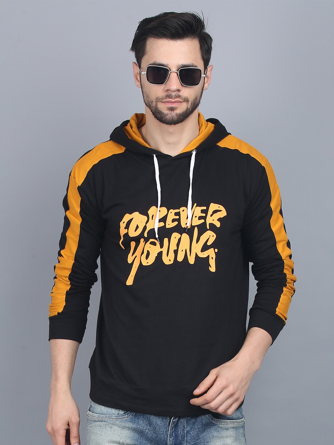 

BAESD Typography Printed Hooded Applique Cotton T-shirt, Black