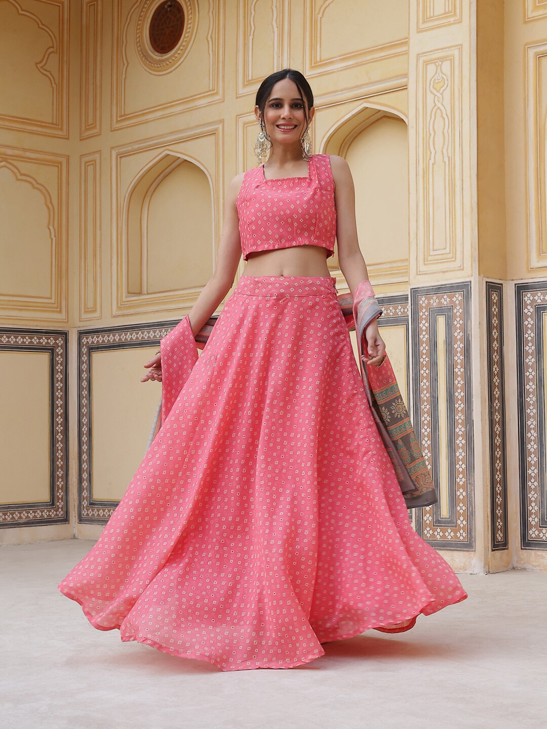 

AKS Printed Square Neck Ready to Wear Lehenga & Blouse With Dupatta, Pink