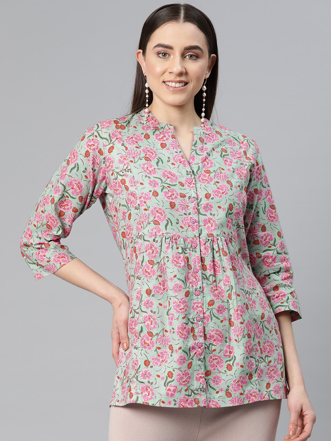 

Ayaany Floral Printed Pure Cotton A-Line Kurti, Olive