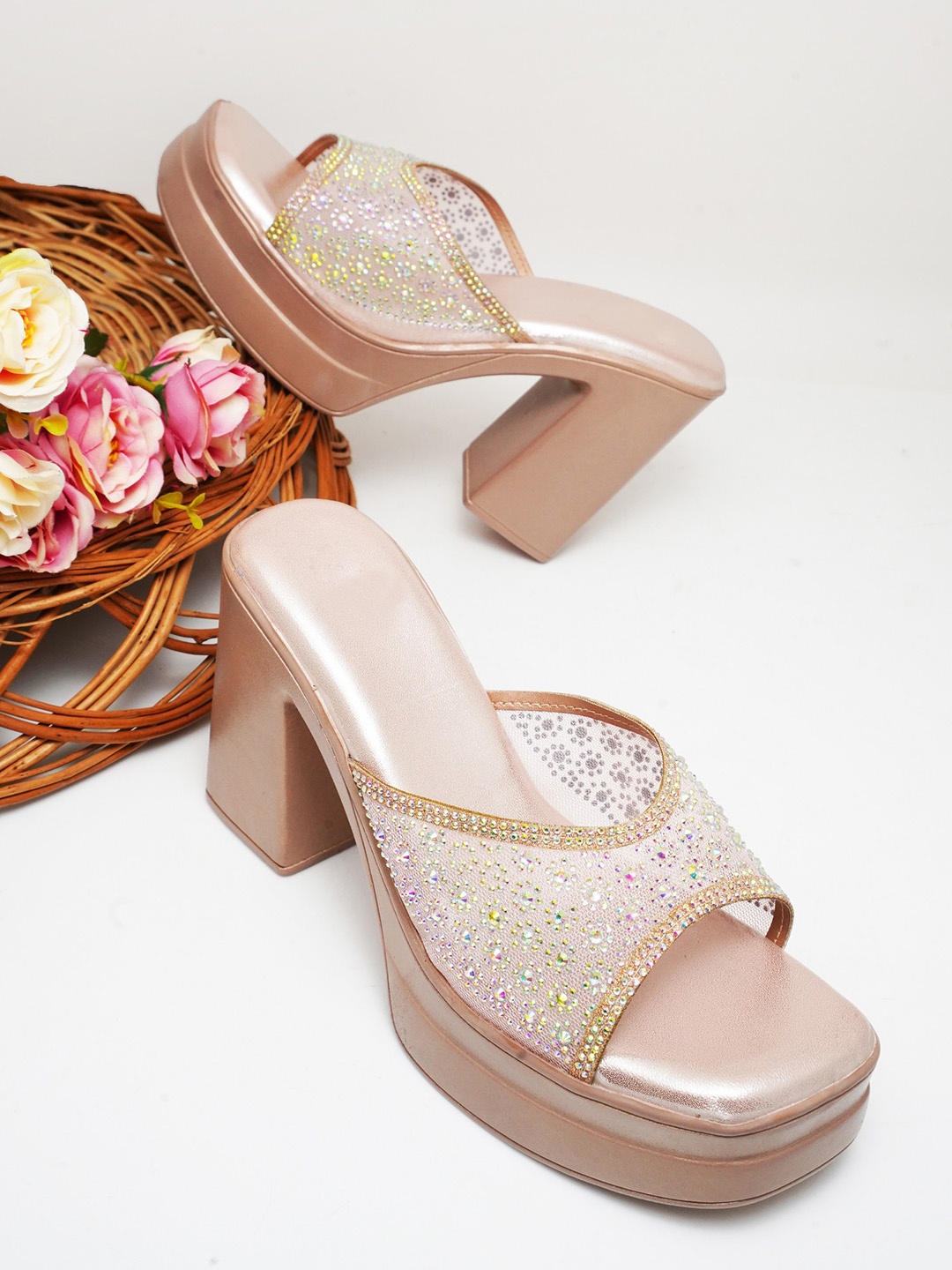 

Try Me Embellished Peep Toe Block Heels, Nude