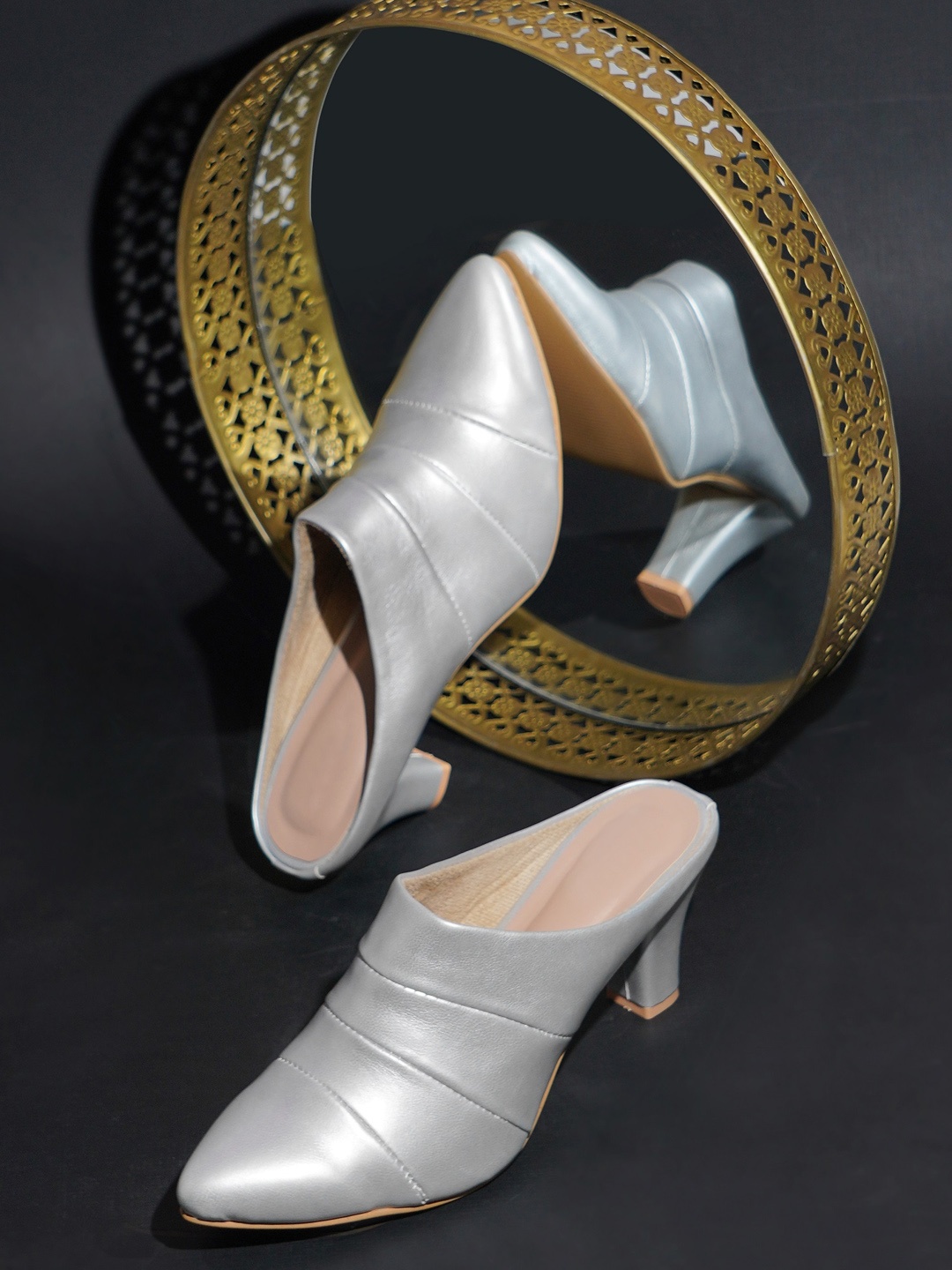 

Try Me Pointed Toe Block Heeled Mules, Silver