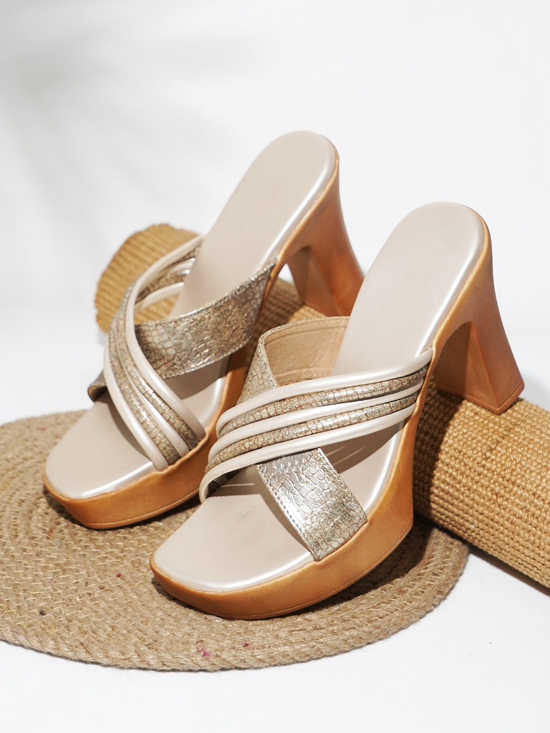 

Try Me Striped Open Toe Block Heels, Gold