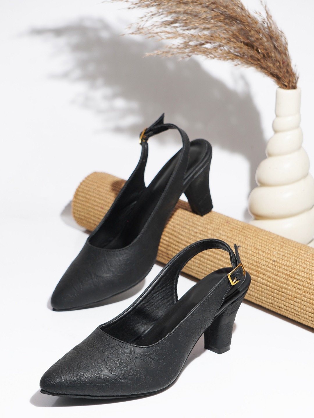

Try Me Pointed Toe Block Pumps with Buckles, Black
