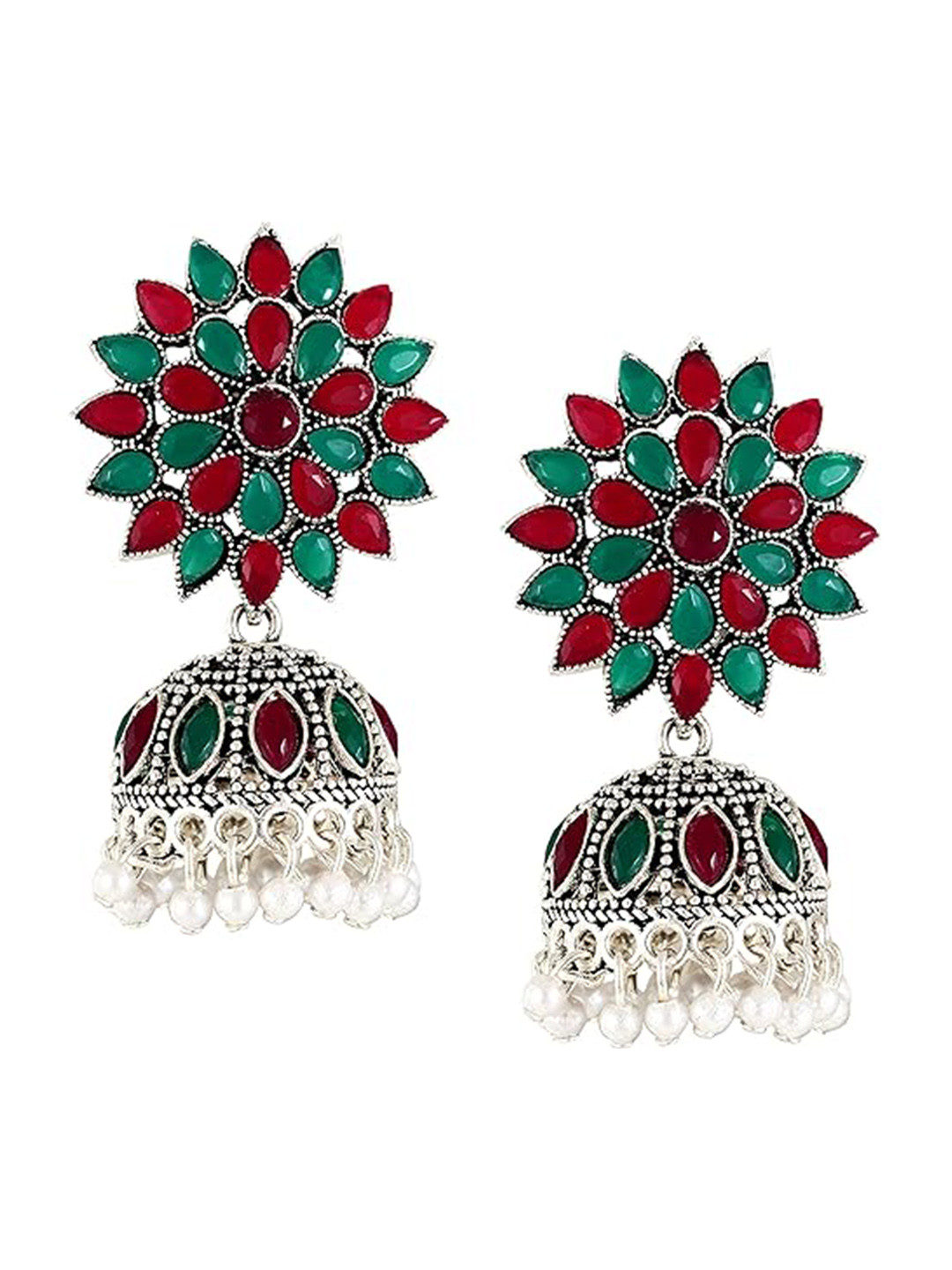 

Vighnaharta Oxidised Rhodium-Plated Stone Studded & Beaded Dome Shaped Jhumkas, Silver