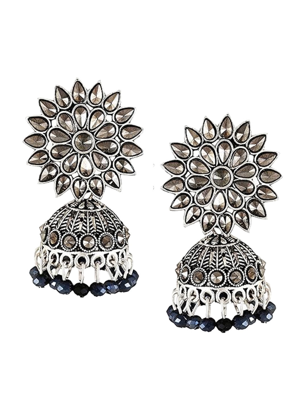 

Vighnaharta Rhodium-Plated Stone Studded & Beaded Floral Jhumka, Silver