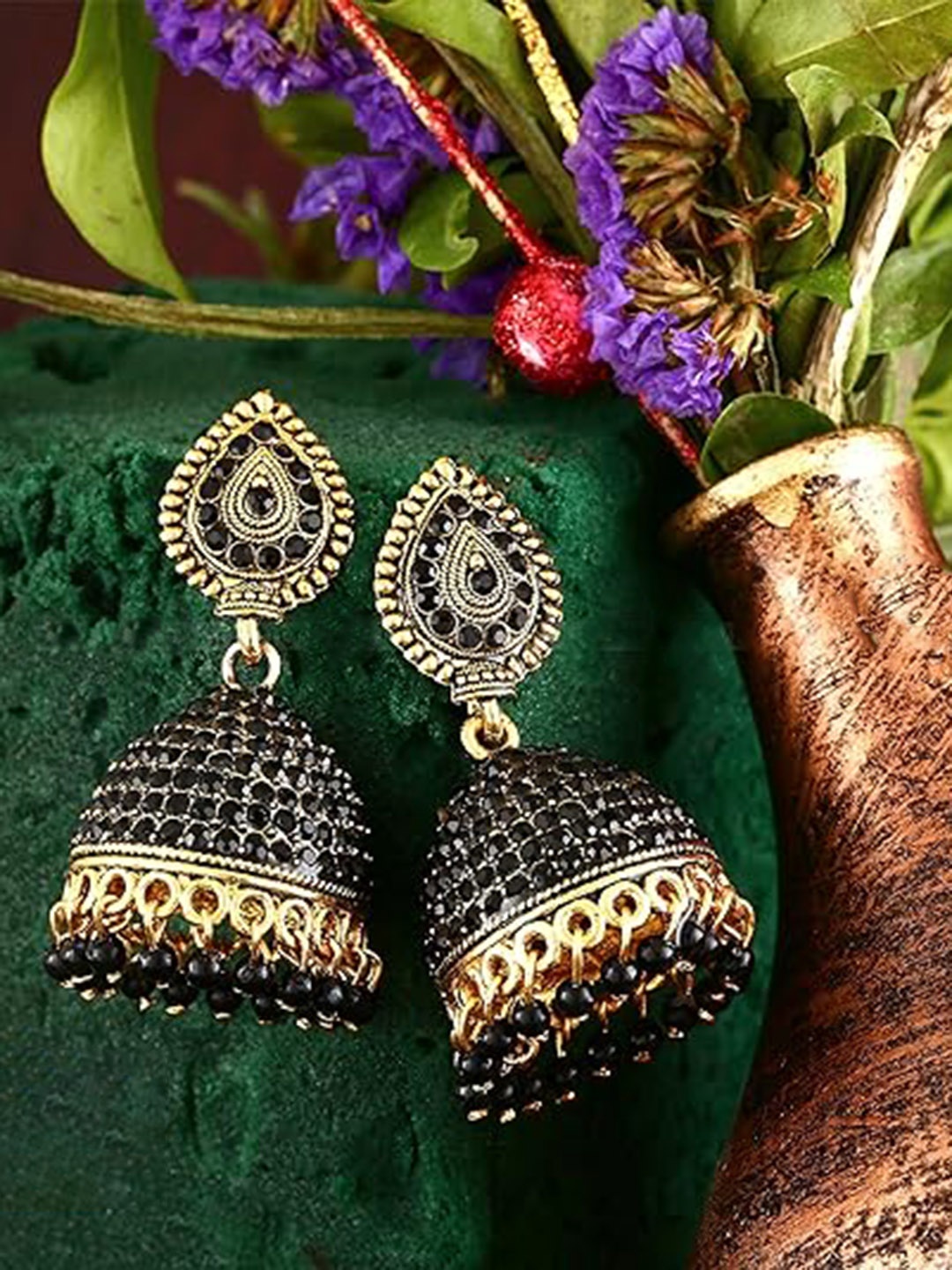 

Vighnaharta Gold-Plated Beaded Antique Jhumkas
