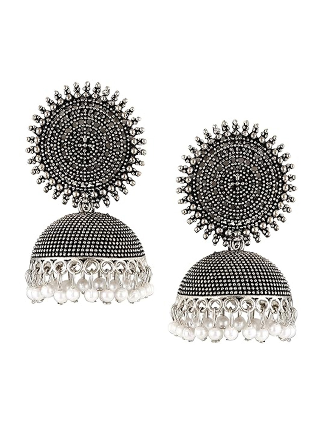 

Vighnaharta Rhodium-Plated Oxidised Floral Jhumkas, Silver
