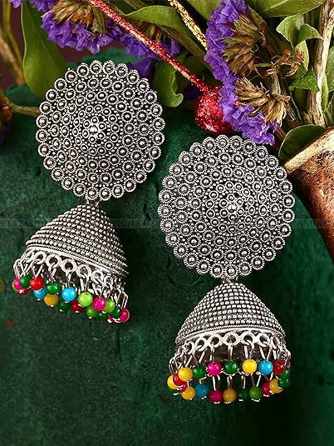 

Vighnaharta Rhodium-Plated Floral Oxidised Jhumkas, Silver