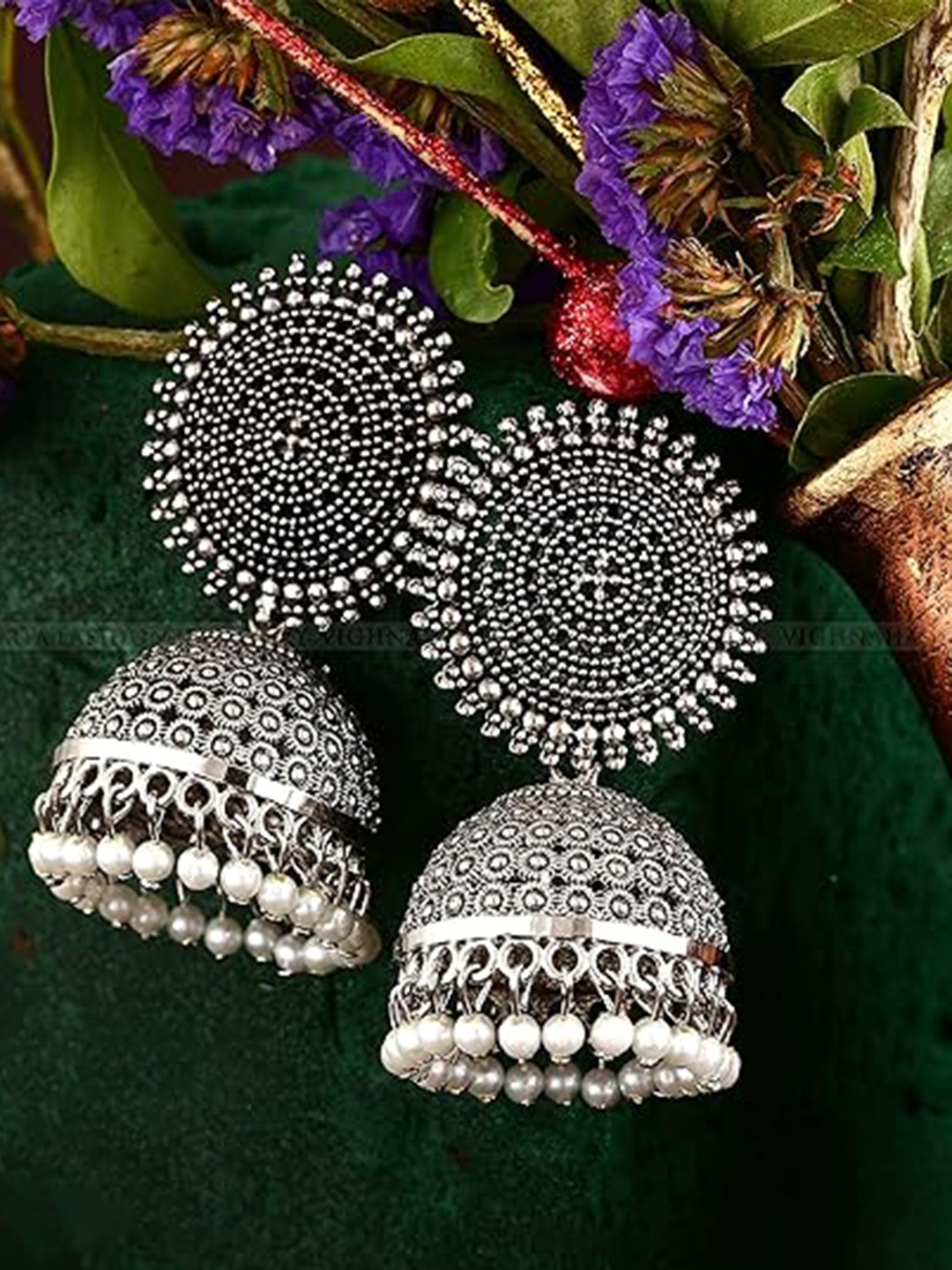 

Vighnaharta Rhodium Plated Oxidised Floral Jhumkas, Silver