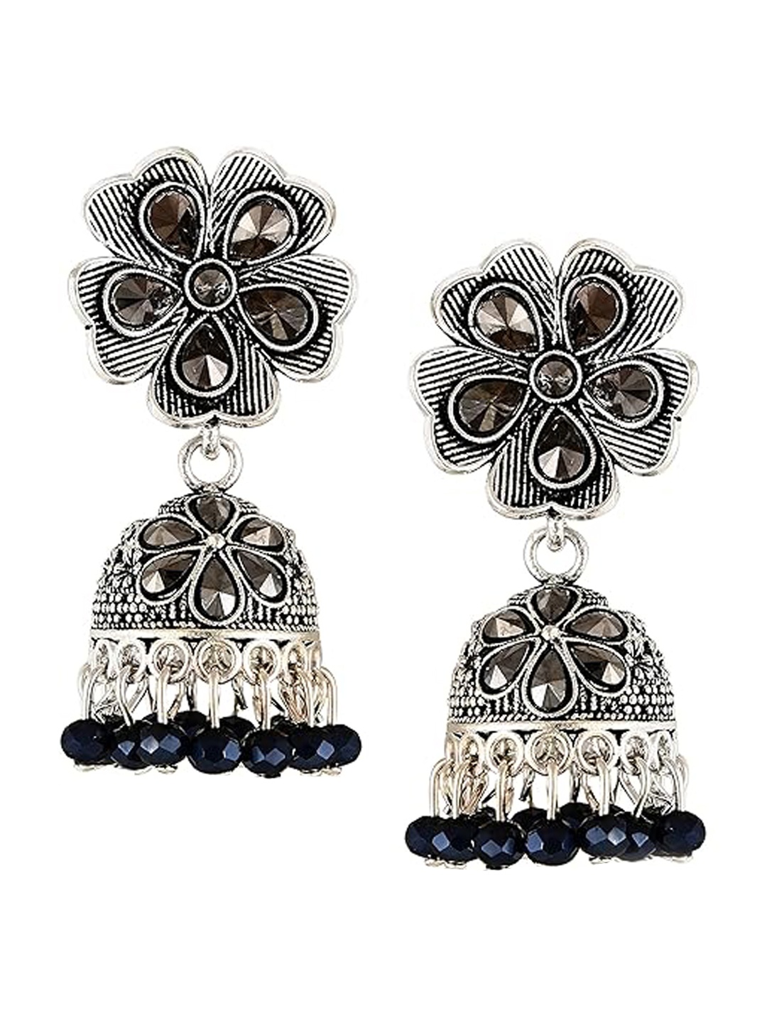 

Vighnaharta Oxidised Rhodium-Plated Stones Studded & Beaded Jhumkas, Silver