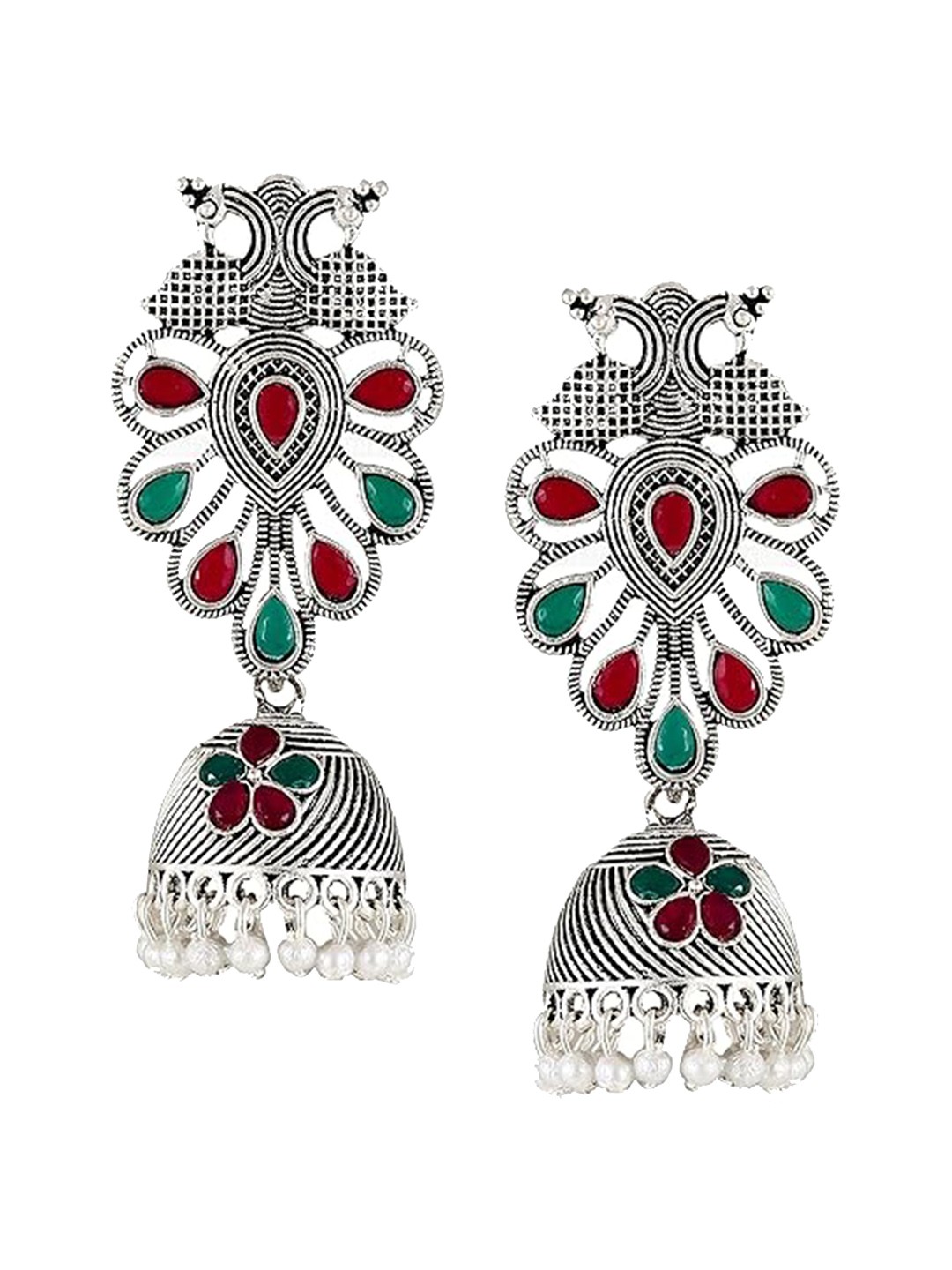 

Vighnaharta Rhodium-Plated Beaded Dome Shaped Jhumkas, Silver