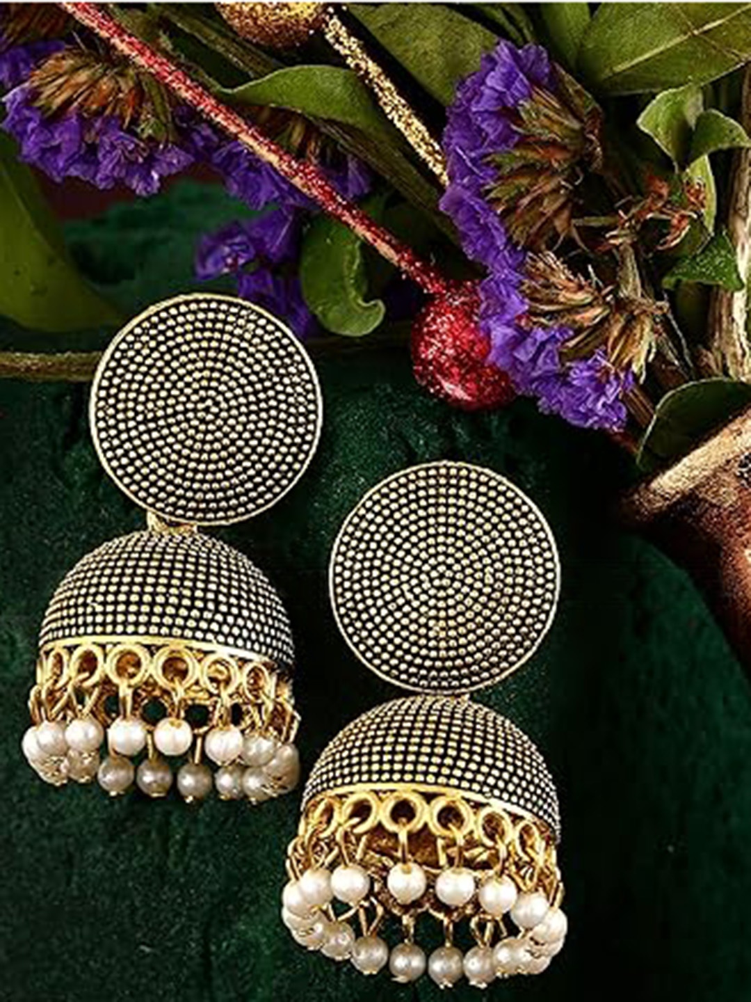 

Vighnaharta Rhodium-Plated Beaded Dome Shaped Jhumkas, Silver