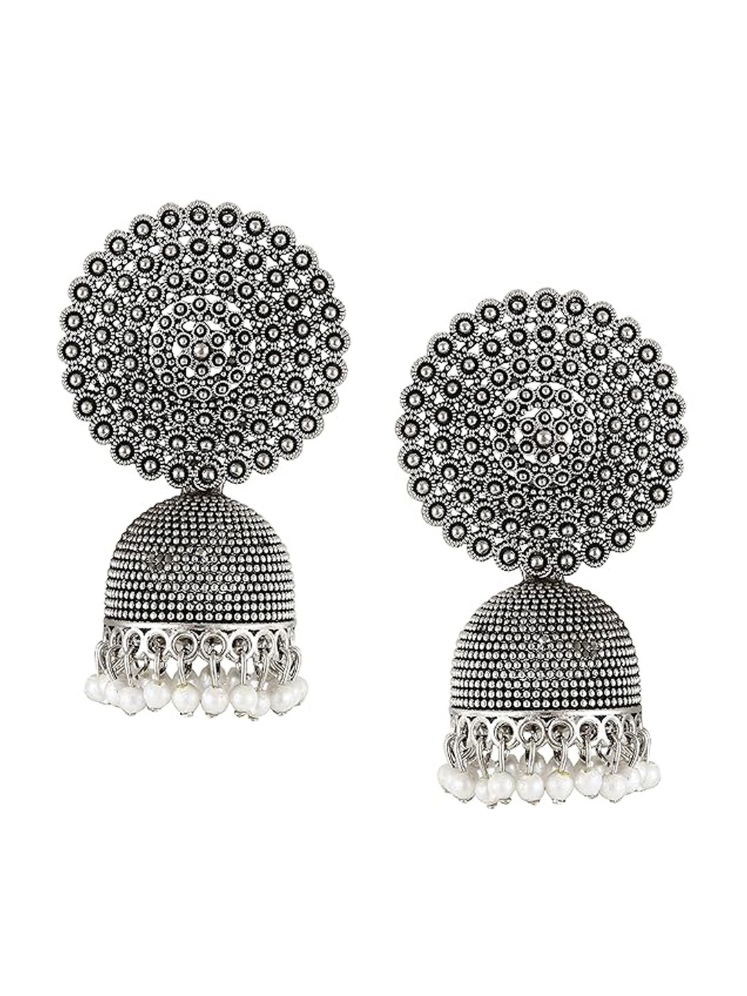 

Vighnaharta Rhodium-Plated Oxidised Beaded Jhumkas, Silver
