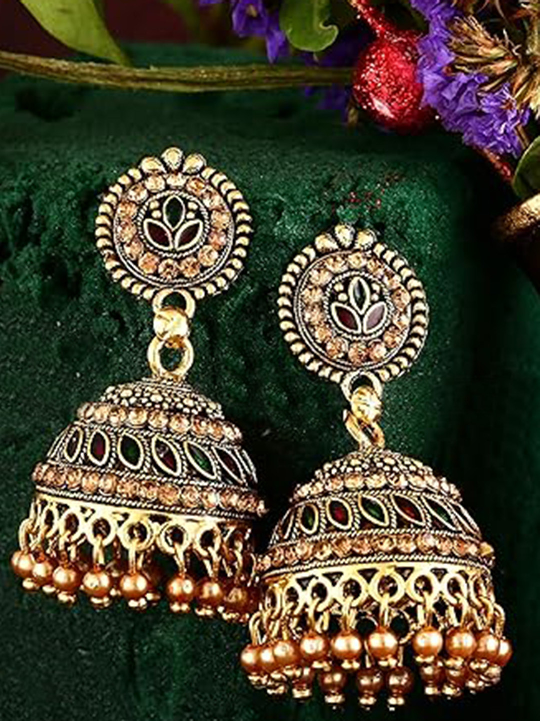 

Vighnaharta Gold-Plated Stone Studded & Beaded Floral Jhumka