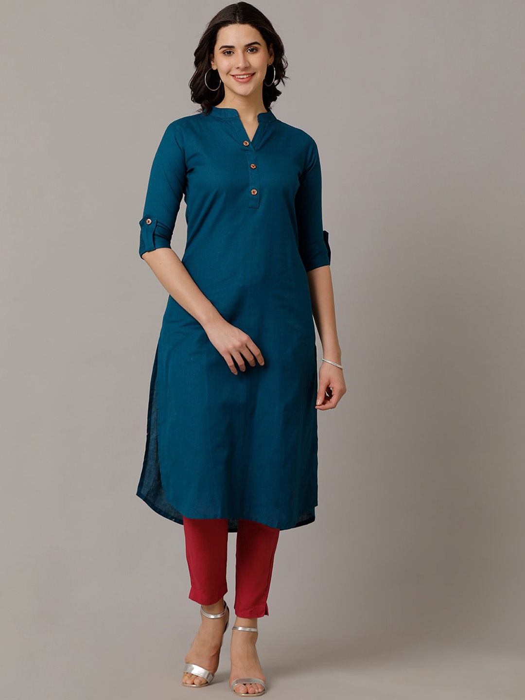 

NAYRA Mandarin Collar Cotton Kurta, Teal