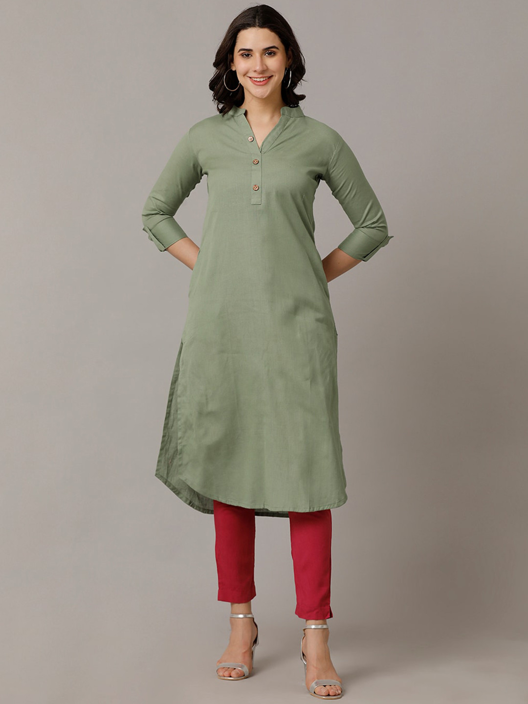 

NAYRA Mandarin Collar Pure Cotton Kurta, Green