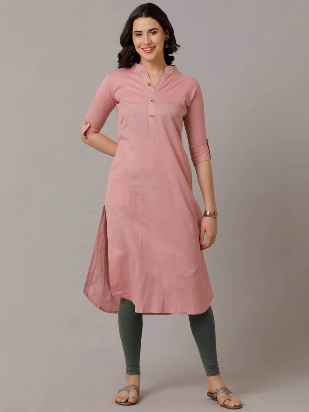 

NAYRA Mandarin Collar Cotton Kurta, Pink