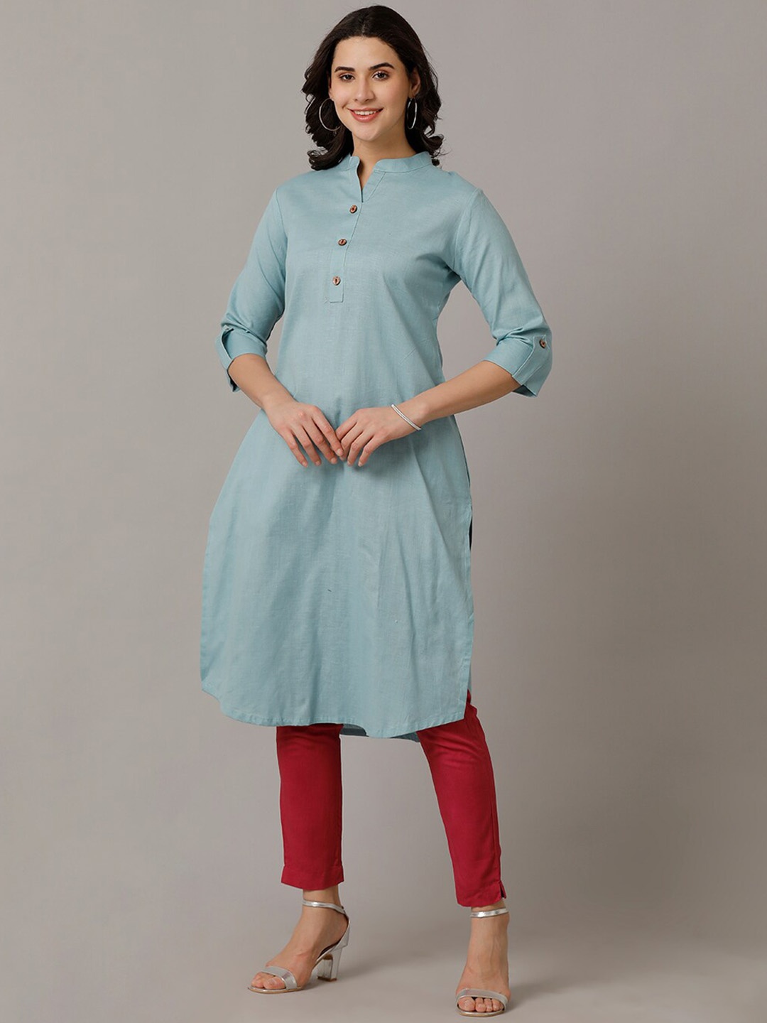 

NAYRA Mandarin Collar Pure Cotton Kurta, Blue