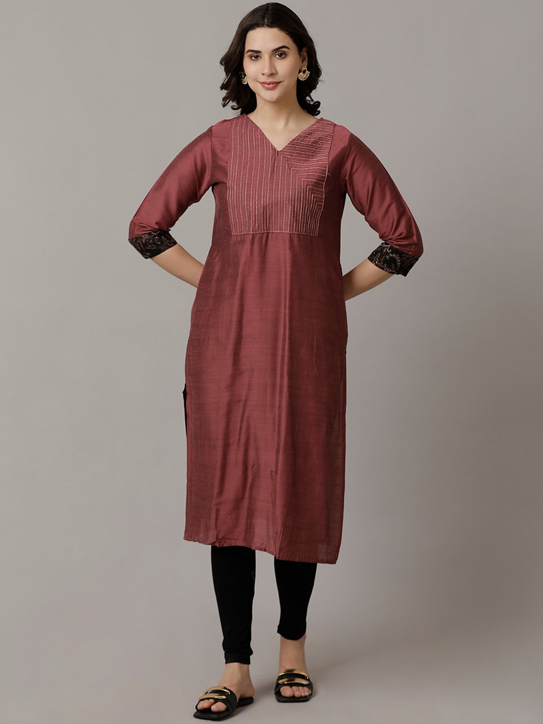 

NAYRA Striped Yoke Design Kurta, Rust