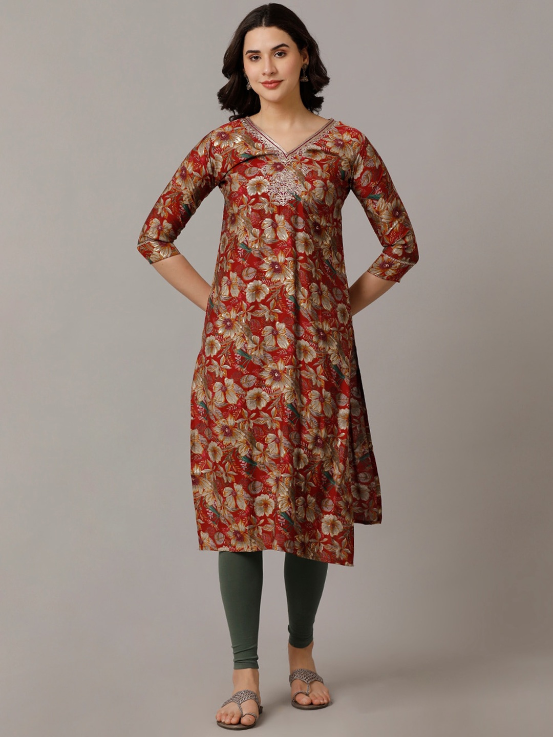 

NAYRA Floral Printed Cotton Kurta, Red