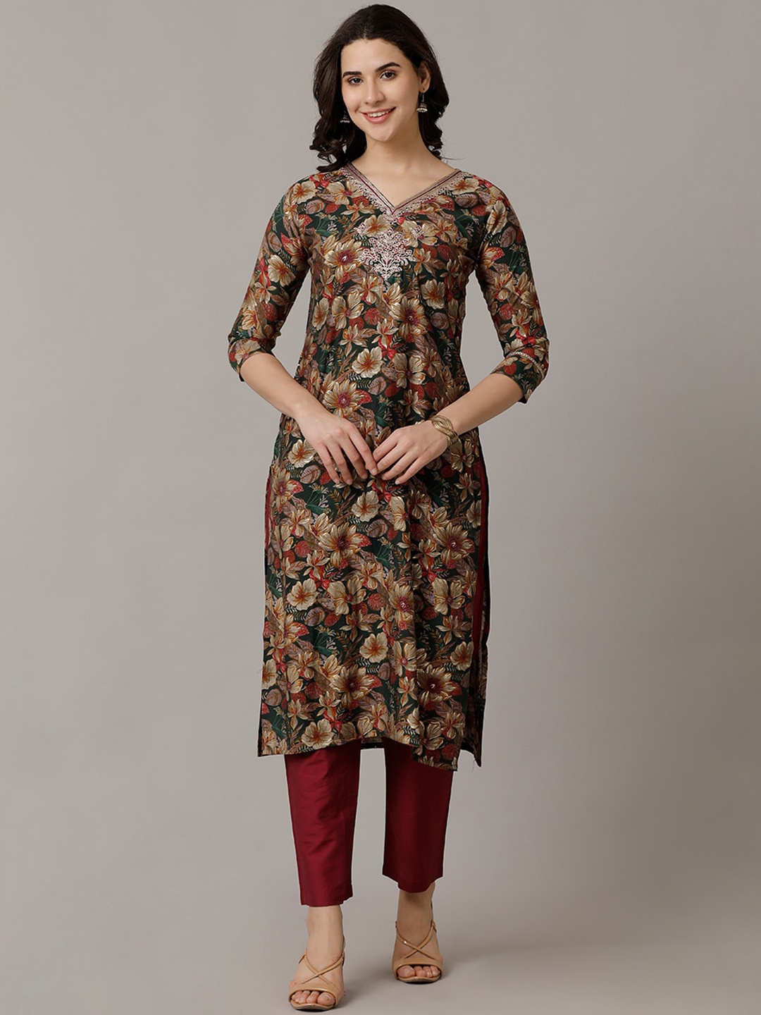 

NAYRA Floral Printed Cotton Kurta, Green
