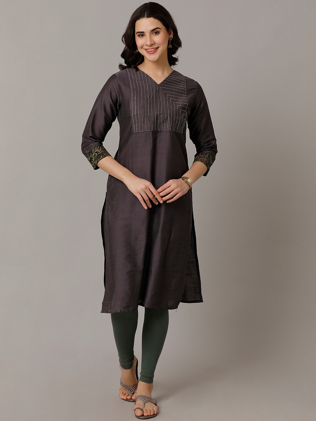 

NAYRA Striped Yoke Design Kurta, Grey