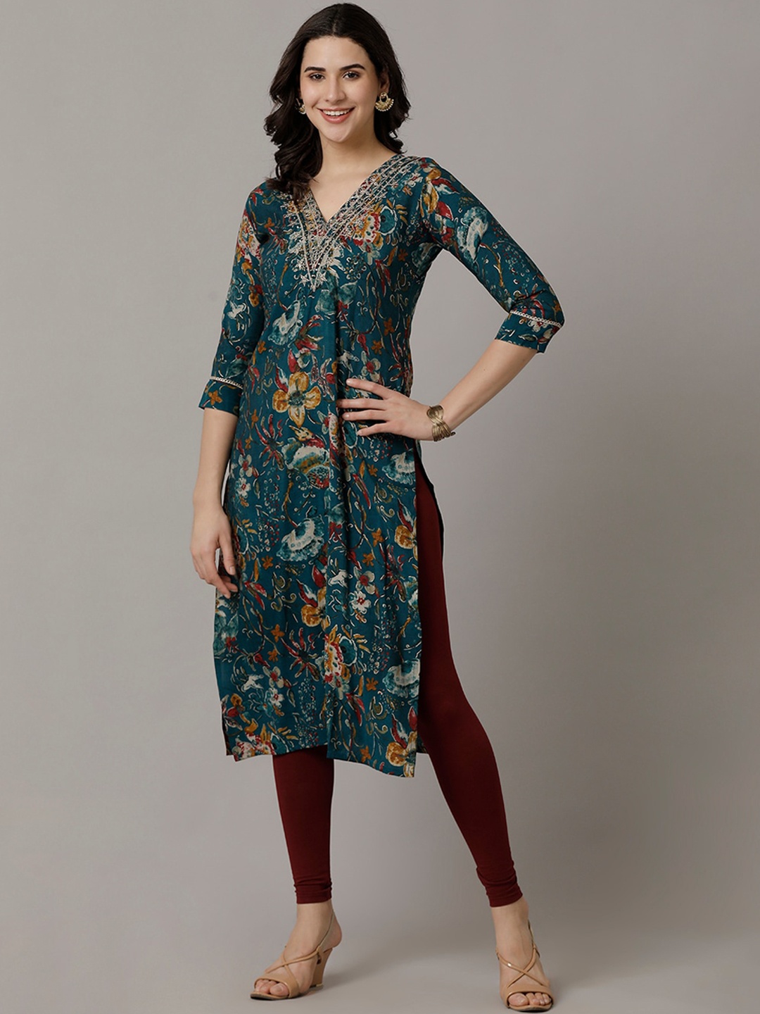 

NAYRA Floral Printed Cotton Kurta, Teal