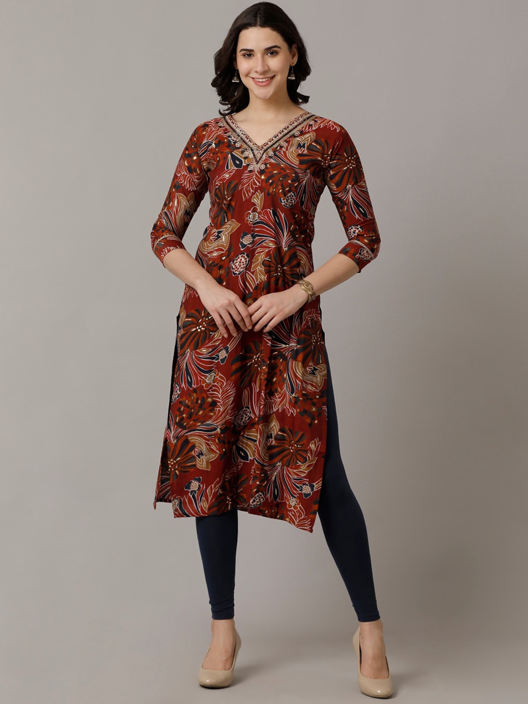 

NAYRA Floral Printed Cotton Kurta, Maroon