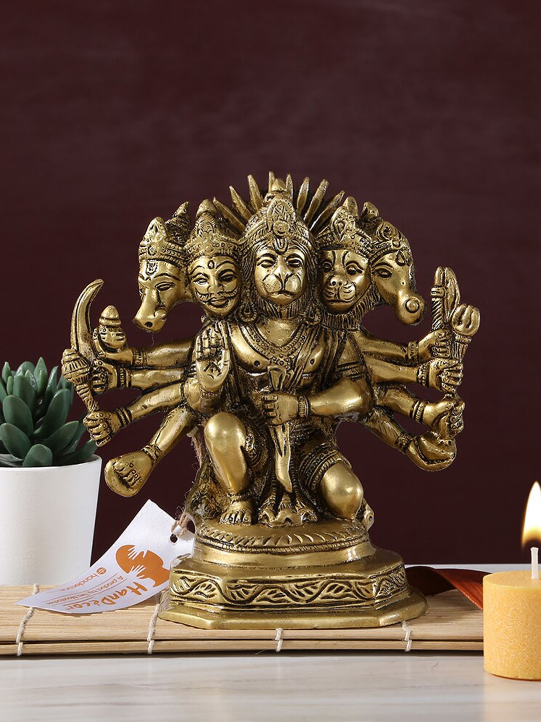 

Two Moustaches Yellow Brass Seated Panchmukhi Hanuman, Gold