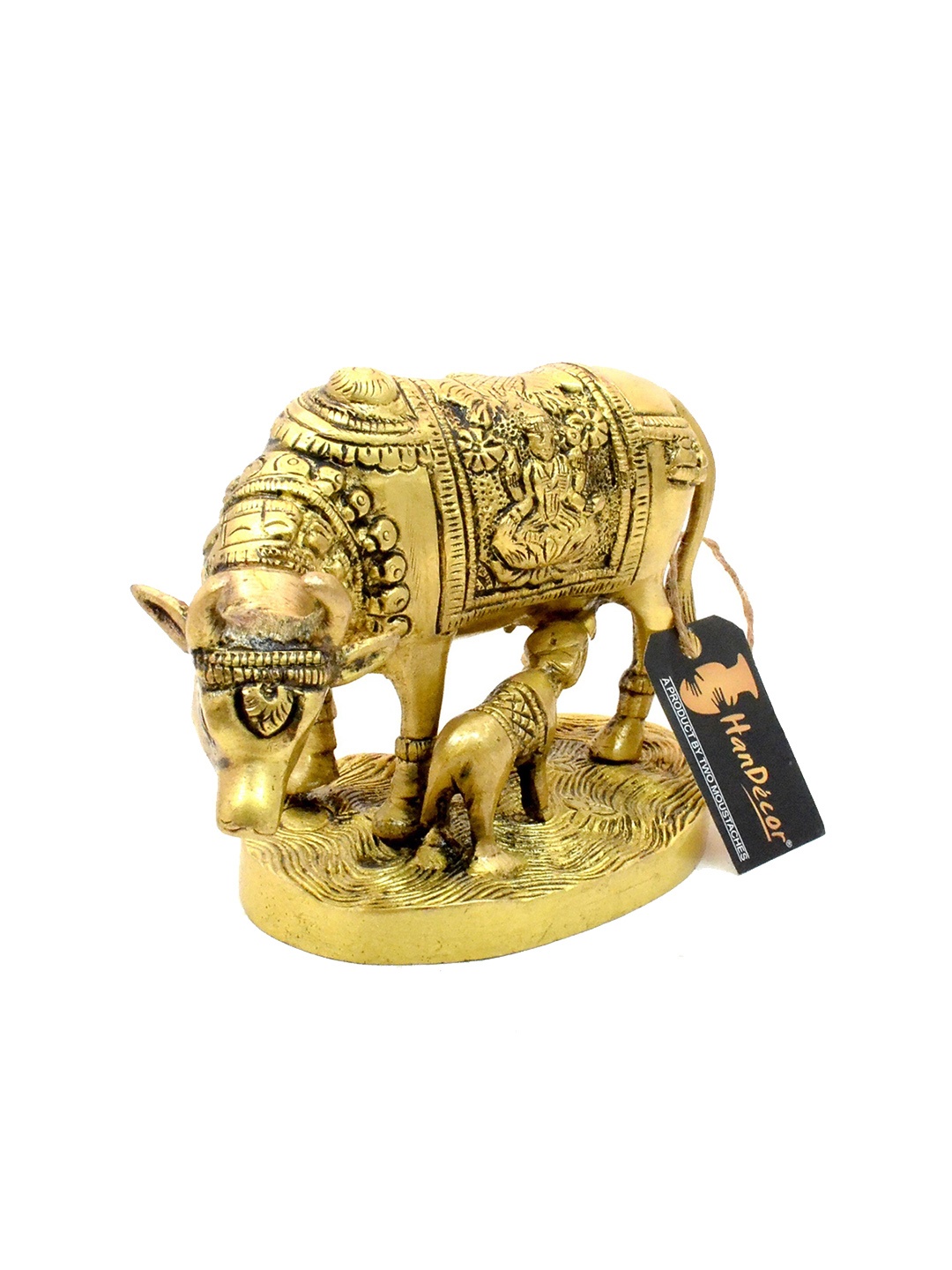 

Two Moustaches Yellow Brass Laxmi Ganesha Engraved Kamdhenu Cow and Calf Showpiece