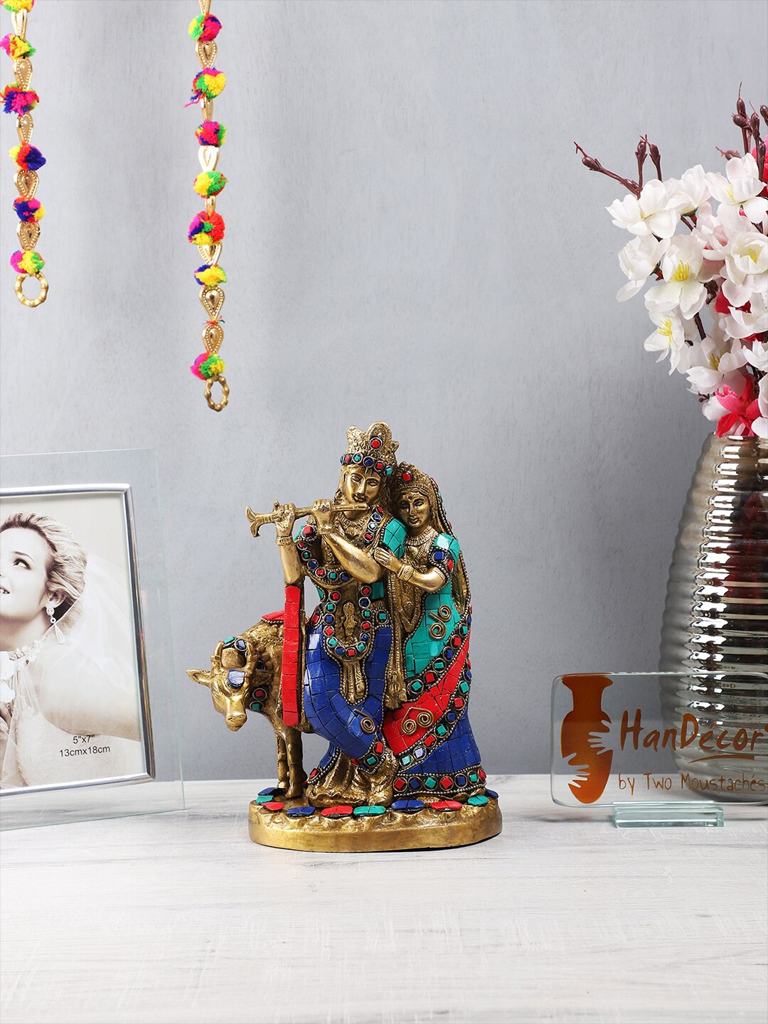 Two Moustaches Blue & Green Brass Radha Krishna with Cow Showpiece