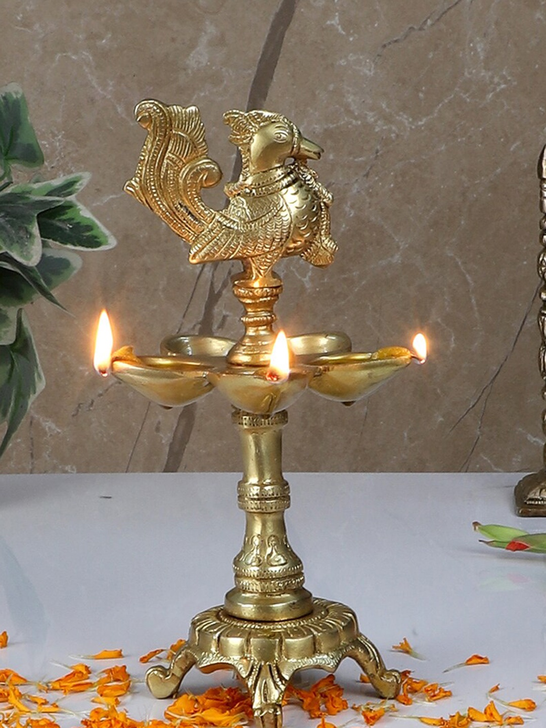 Two Moustaches Brown Brass Peacock Design 5 Oil Wick Diya