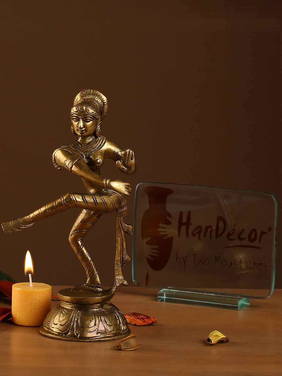 

Two Moustaches Yellow Brass Dancing Apsara Decor Showpiece