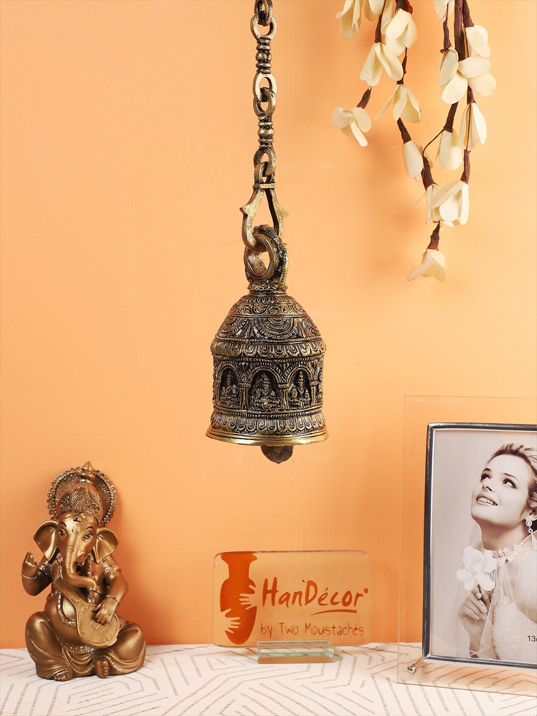 

Two Moustaches Brown Ganesha on Brass Hanging Bell