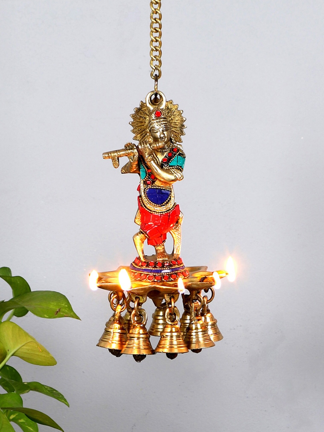Two Moustaches Brown Krishna Design Brass Hanging Diya, Blue