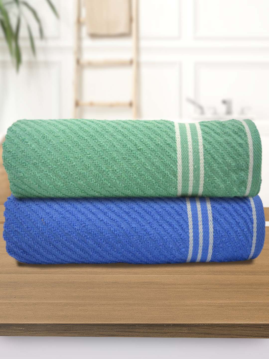 

Athom Living Green & Blue 2 Pieces Striped Cotton Bath Towels