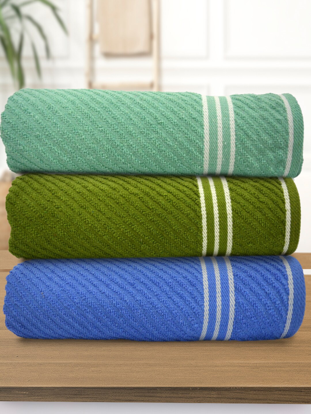 

Athom Living Sea Green & Blue 3 Pieces Striped 400 GSM Cotton Bath Towels