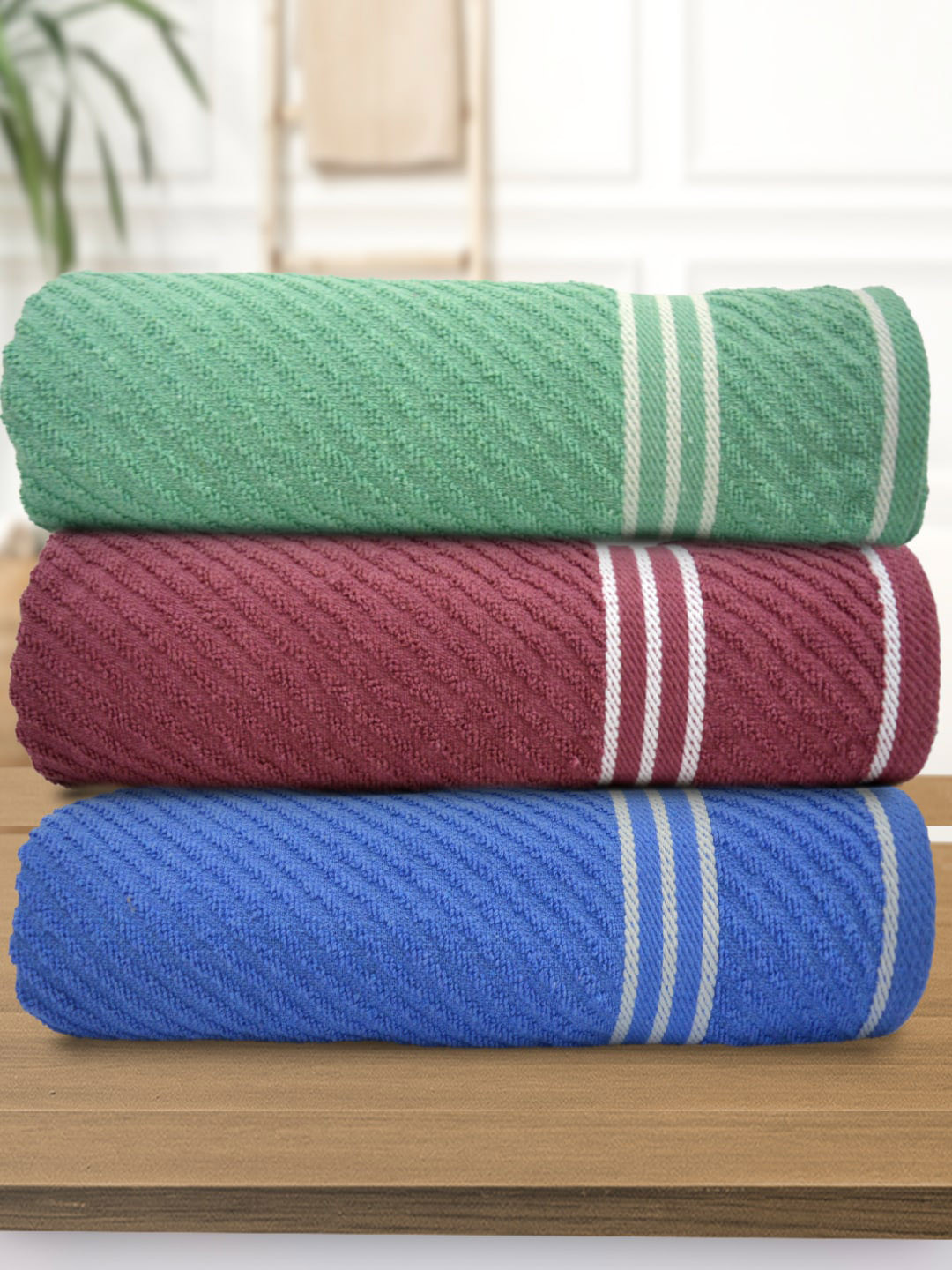 

Athom Living Blue & Mauve 3 Pieces Striped 400 GSM Cotton Bath Towels