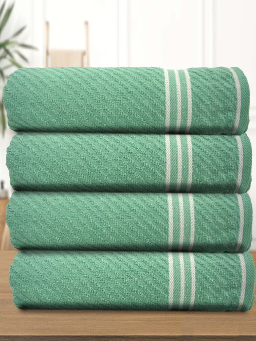 

Athom Living Green & White 4 Pieces Striped 400 GSM Cotton Bath Towels