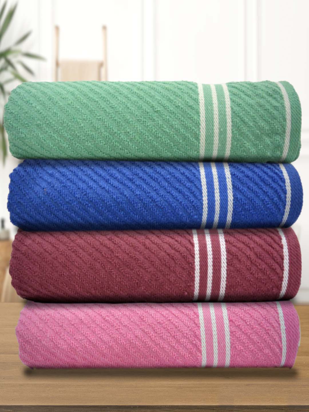 

Athom Living Sea Green & Blue 4 Pieces Striped 400 GSM Cotton Bath Towels
