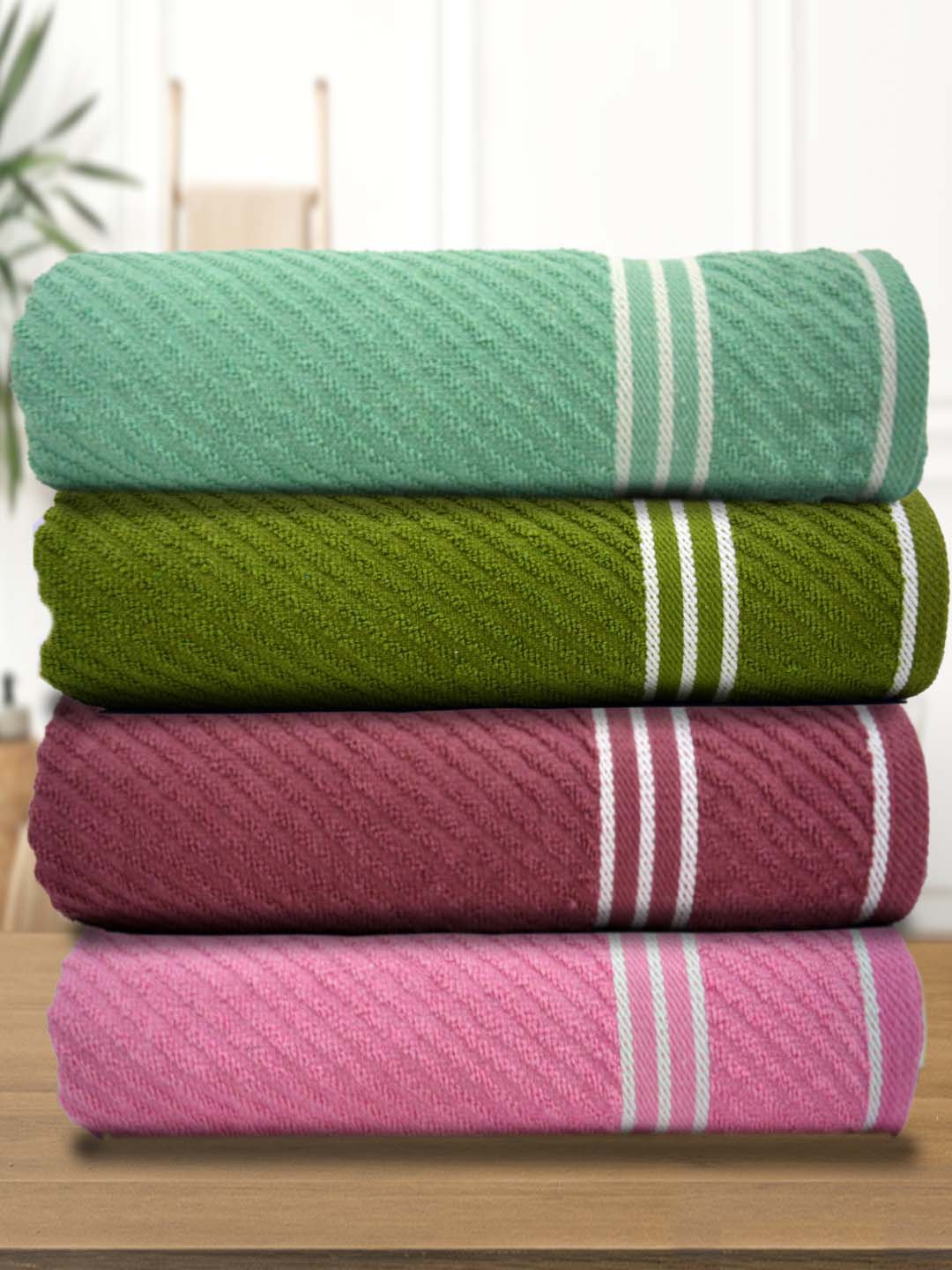

Athom Living Green & Burgundy 4 Pieces Striped Cotton 400 GSM Bath Towel